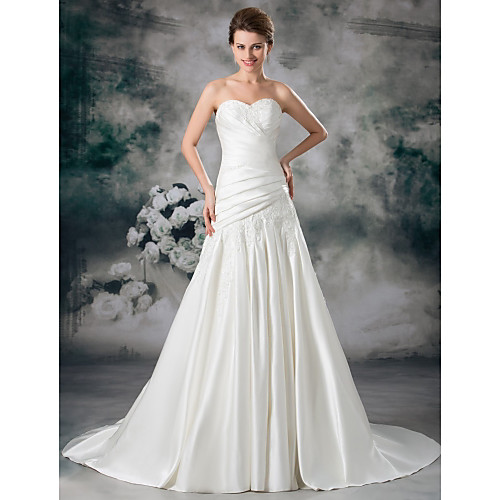 A-Line Wedding Dresses Sweetheart Neckline Chapel Train Lace Satin Strapless with Ruched Draping Appliques 2021
A-Line Wedding Dresses Sweetheart Neckline Chapel Train Lace Satin Strapless with Ruched Draping Appliques 2021