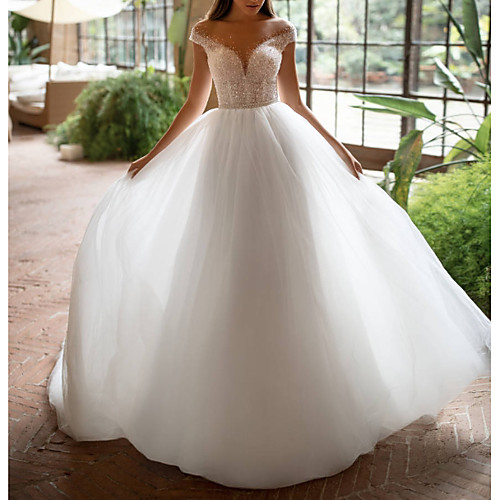 A-Line Wedding Dresses Off Shoulder Court Train Tulle Short Sleeve Plus Size with Beading 2021
A-Line Wedding Dresses Off Shoulder Court Train Tulle Short Sleeve Plus Size with Beading 2021