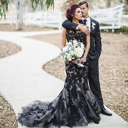 Mermaid / Trumpet Wedding Dresses Jewel Neck Court Train Lace Satin Tulle Regular Straps Sexy Black Modern with Appliques 2021
Mermaid / Trumpet Wedding Dresses Jewel Neck Court Train Lace Satin Tulle Regular Straps Sexy Black Modern with Appliques 2021