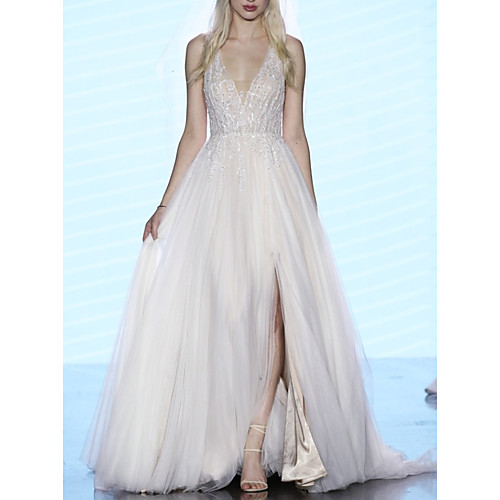 A-Line Wedding Dresses V Neck Sweep / Brush Train Tulle Regular Straps Boho Plus Size with Beading Split Front 2021
A-Line Wedding Dresses V Neck Sweep / Brush Train Tulle Regular Straps Boho Plus Size with Beading Split Front 2021