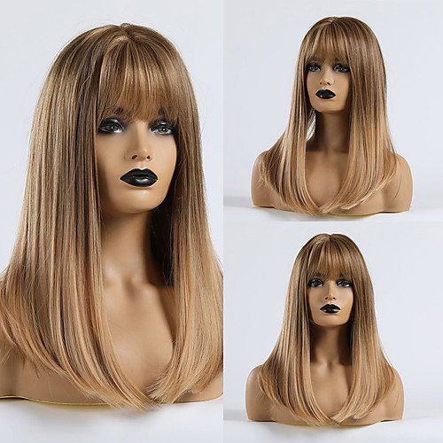 

Synthetic Wig Straight Matte Lily Neat Bang Wig Medium Length Light golden Synthetic Hair 20 inch Women's Party Ombre Hair Blonde