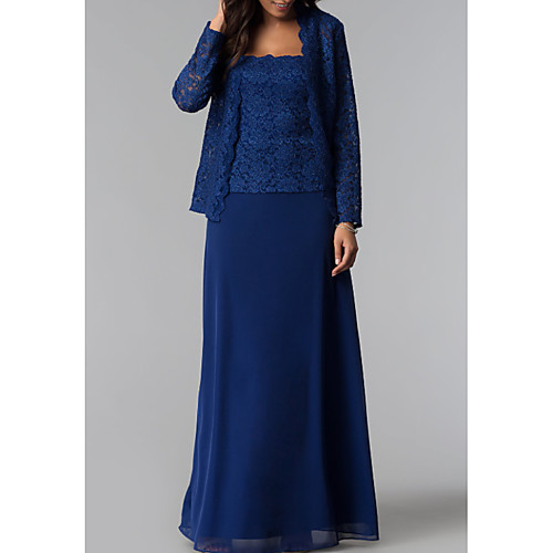 Sheath / Column Mother of the Bride Dress Plus Size Square Neck Floor Length Chiffon Lace Long Sleeve with Ruching 2021 
Sheath / Column Mother of the Bride Dress Plus Size Square Neck Floor Length Chiffon Lace Long Sleeve with Ruching 2021