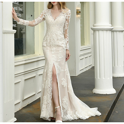 Mermaid / Trumpet Wedding Dresses V Neck Sweep / Brush Train Lace Tulle Long Sleeve Casual Plus Size Illusion Sleeve with Appliques Split Front 2021
Mermaid / Trumpet Wedding Dresses V Neck Sweep / Brush Train Lace Tulle Long Sleeve Casual Plus Size Illusion Sleeve with Appliques Split Front 2021