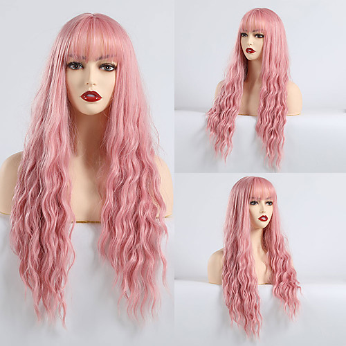 

Synthetic Wig Bangs Matte Water Wave Lily Neat Bang Wig Long Pink Synthetic Hair 28 inch Women's curling Pink