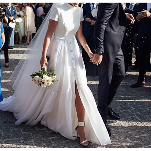 A-Line Wedding Dresses High Neck Sweep / Brush Train Polyester Short Sleeve Formal Plus Size Modern with Bow(s) Appliques Split Front 2021
A-Line Wedding Dresses High Neck Sweep / Brush Train Polyester Short Sleeve Formal Plus Size Modern with Bow(s) Appliques Split Front 2021