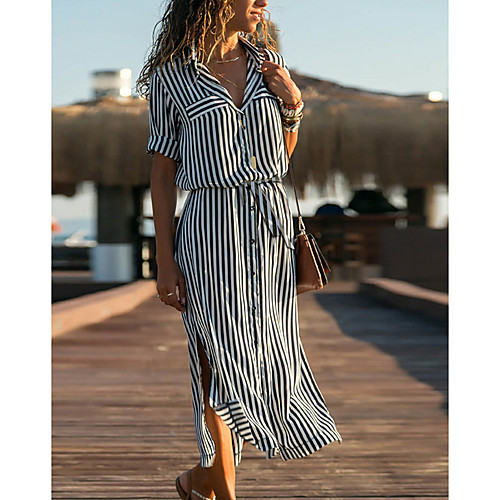 Women's Shift Dress - Long Sleeve Striped Spring & Summer Shirt Collar Casual Vacation Causal Holiday 2020 Black Orange S M L XL XXL
Women's Shift Dress - Long Sleeve Striped Spring & Summer Shirt Collar Casual Vacation Causal Holiday 2020 Black Orange S M L XL XXL