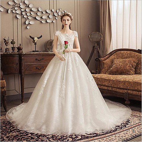 Ball Gown Wedding Dresses Jewel Neck Watteau Train Lace Tulle Polyester Short Sleeve Romantic with Lace 2020
Ball Gown Wedding Dresses Jewel Neck Watteau Train Lace Tulle Polyester Short Sleeve Romantic with Lace 2020