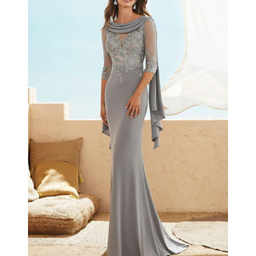 Sheath / Column Mother of the Bride Dress Elegant Jewel Neck Floor Length Chiffon Lace Half Sleeve with Appliques Ruching 2021
Sheath / Column Mother of the Bride Dress Elegant Jewel Neck Floor Length Chiffon Lace Half Sleeve with Appliques Ruching 2021