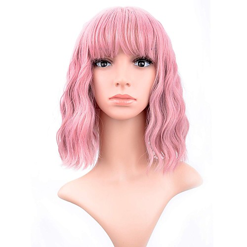 

Cosplay Costume Wig Synthetic Wig Curly Loose Curl Bob Neat Bang Wig Pink Short Pink Synthetic Hair 12 inch Women's Pink