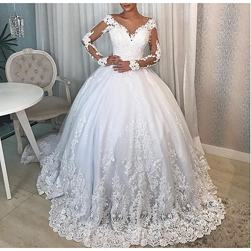 Ball Gown Wedding Dresses V Neck Watteau Train Lace Polyester Long Sleeve Formal Plus Size Illusion Sleeve with Draping Lace Insert Appliques 2021
Ball Gown Wedding Dresses V Neck Watteau Train Lace Polyester Long Sleeve Formal Plus Size Illusion Sleeve with Draping Lace Insert Appliques 2021