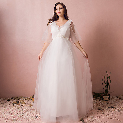 A-Line Wedding Dresses V Neck Floor Length Lace Satin Tulle Half Sleeve Formal Plus Size with Pearls Beading Appliques 2021
A-Line Wedding Dresses V Neck Floor Length Lace Satin Tulle Half Sleeve Formal Plus Size with Pearls Beading Appliques 2021