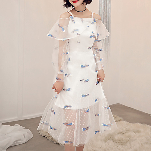 A-Line Flirty White Holiday Prom Dress Off Shoulder Long Sleeve Tea Length Tulle with Embroidery Pattern / Print 2021
A-Line Flirty White Holiday Prom Dress Off Shoulder Long Sleeve Tea Length Tulle with Embroidery Pattern / Print 2021