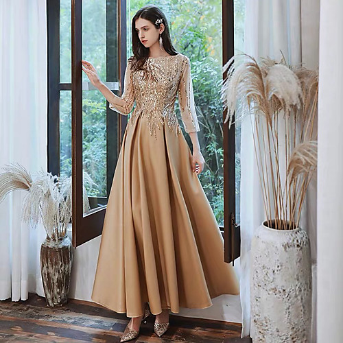 A-Line Glittering Gold Prom Formal Evening Dress Boat Neck 3/4 Length Sleeve Floor Length Satin Sequined with Sequin 2020
A-Line Glittering Gold Prom Formal Evening Dress Boat Neck 3/4 Length Sleeve Floor Length Satin Sequined with Sequin 2020