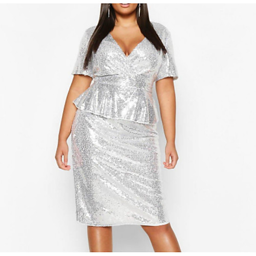 Sheath / Column Sparkle White Party Wear Formal Evening Dress V Neck Short Sleeve Knee Length Polyester with Sequin Ruffles 2021
Sheath / Column Sparkle White Party Wear Formal Evening Dress V Neck Short Sleeve Knee Length Polyester with Sequin Ruffles 2021