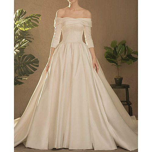 Ball Gown Wedding Dresses Off Shoulder Watteau Train Satin Half Sleeve Simple Elegant with Ruched Side-Draped 2021
Ball Gown Wedding Dresses Off Shoulder Watteau Train Satin Half Sleeve Simple Elegant with Ruched Side-Draped 2021