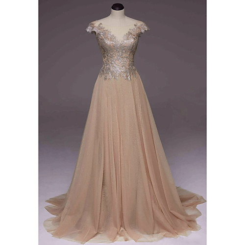 A-Line Luxurious Elegant Engagement Prom Dress Illusion Neck Short Sleeve Sweep / Brush Train Polyester with Pleats Appliques 2021
A-Line Luxurious Elegant Engagement Prom Dress Illusion Neck Short Sleeve Sweep / Brush Train Polyester with Pleats Appliques 2021
