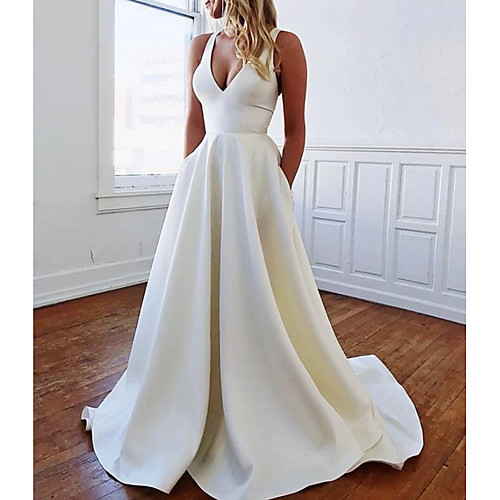 A-Line Wedding Dresses Plunging Neck Sweep / Brush Train Stretch Satin Sleeveless Sexy Plus Size with Bow(s) Draping 2021 
A-Line Wedding Dresses Plunging Neck Sweep / Brush Train Stretch Satin Sleeveless Sexy Plus Size with Bow(s) Draping 2021