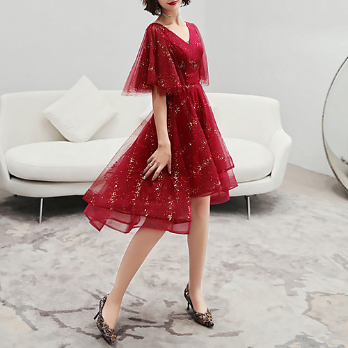A-Line Glittering Cocktail Party Prom Valentine's Day Dress V Neck Short Sleeve Asymmetrical Tulle with Sequin 2021
A-Line Glittering Cocktail Party Prom Valentine's Day Dress V Neck Short Sleeve Asymmetrical Tulle with Sequin 2021