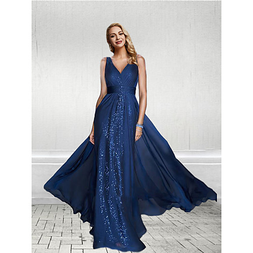 

Sheath / Column Empire Party Wear Formal Evening Dress V Neck Sleeveless Floor Length Chiffon Sequined with Sequin Split Front 2021