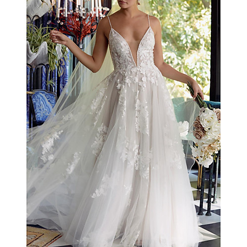 A-Line Wedding Dresses Plunging Neck Sweep / Brush Train Tulle Polyester Sleeveless Boho Plus Size with Draping Appliques 2021
A-Line Wedding Dresses Plunging Neck Sweep / Brush Train Tulle Polyester Sleeveless Boho Plus Size with Draping Appliques 2021