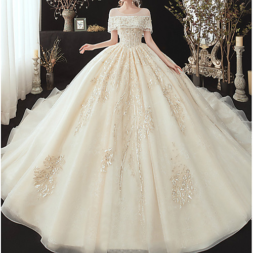 Ball Gown Wedding Dresses Off Shoulder Watteau Train Lace Tulle Sequined Short Sleeve Formal Wedding Dress in Color Plus Size with Lace Pearls Lace Insert 2021
Ball Gown Wedding Dresses Off Shoulder Watteau Train Lace Tulle Sequined Short Sleeve Formal Wedding Dress in Color Plus Size with Lace Pearls Lace Insert 2021