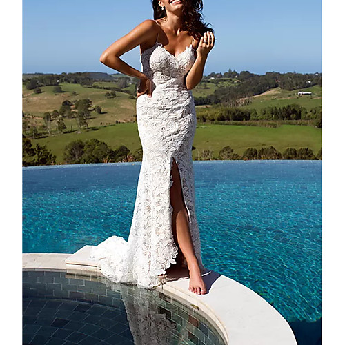 Sheath / Column Wedding Dresses V Neck Floor Length Lace Polyester Sleeveless Casual Beach Plus Size with Appliques Split Front 2020
Sheath / Column Wedding Dresses V Neck Floor Length Lace Polyester Sleeveless Casual Beach Plus Size with Appliques Split Front 2020