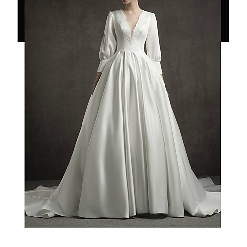 Ball Gown Wedding Dresses V Neck Watteau Train Satin Lace Over Satin 3/4 Length Sleeve Simple Elegant with Lace Insert 2021
Ball Gown Wedding Dresses V Neck Watteau Train Satin Lace Over Satin 3/4 Length Sleeve Simple Elegant with Lace Insert 2021
