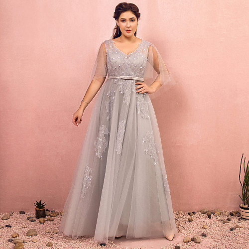 A-Line Plus Size Prom Formal Evening Dress V Neck Half Sleeve Floor Length Lace Satin Tulle with Bow(s) Beading 2021
A-Line Plus Size Prom Formal Evening Dress V Neck Half Sleeve Floor Length Lace Satin Tulle with Bow(s) Beading 2021