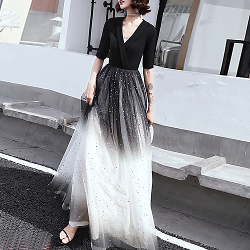 A-Line Color Block Wedding Guest Formal Evening Dress V Neck Half Sleeve Floor Length Spandex Tulle with Sash / Ribbon Sequin 2021
A-Line Color Block Wedding Guest Formal Evening Dress V Neck Half Sleeve Floor Length Spandex Tulle with Sash / Ribbon Sequin 2021