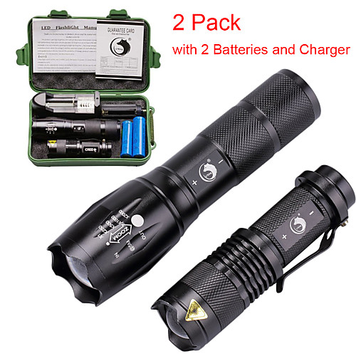 

U'King 2 Pack LED Flashlights Torch Waterproof Zoomable 2000 lm LED Emitters 3 5 Mode with Batteries and Charger Waterproof Zoomable Portable Adjustable Focus for Emergency Camping Hiking Cycling Bike