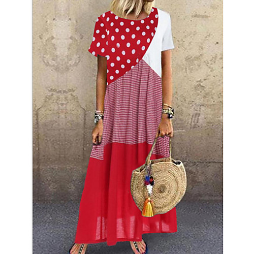 

Women's Shift Dress Maxi long Dress - Short Sleeves Polka Dot Striped Color Block Summer Boho Loose 2020 Wine Blue Red Yellow Red Combo S M L XL XXL XXXL