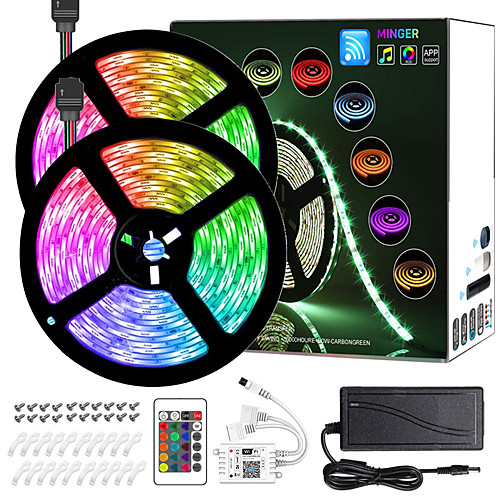

10M(2x5M) Intelligent Dimming App Control Flexible Led Strip Lights Waterproof 5050 RGB SMD 300 LEDs IR 24 Key Controller with Installation Package 12V 4A Adapter Kit