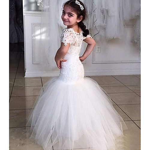 Mermaid / Trumpet Sweep / Brush Train Wedding Flower Girl Dresses - Tulle Short Sleeve Jewel Neck with Appliques / Solid
Mermaid / Trumpet Sweep / Brush Train Wedding Flower Girl Dresses - Tulle Short Sleeve Jewel Neck with Appliques / Solid