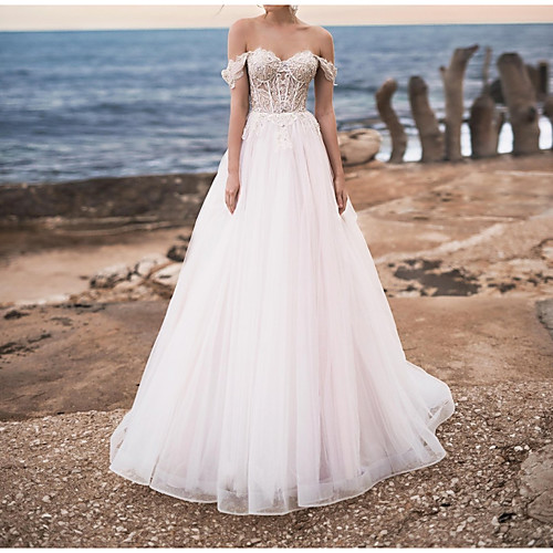 A-Line Wedding Dresses Off Shoulder Sweep / Brush Train Polyester Cap Sleeve Country Plus Size with Lace Insert Appliques 2021
A-Line Wedding Dresses Off Shoulder Sweep / Brush Train Polyester Cap Sleeve Country Plus Size with Lace Insert Appliques 2021