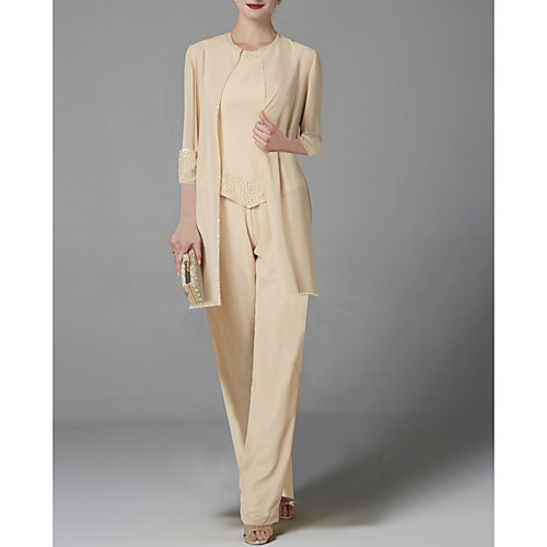 Pantsuit / Jumpsuit Mother of the Bride Dress Elegant Jewel Neck Floor Length Chiffon 3/4 Length Sleeve with Sequin 2021
Pantsuit / Jumpsuit Mother of the Bride Dress Elegant Jewel Neck Floor Length Chiffon 3/4 Length Sleeve with Sequin 2021