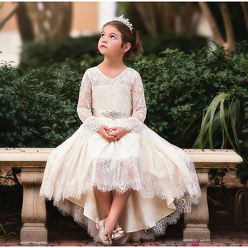 Ball Gown Asymmetrical Wedding Flower Girl Dresses - Lace Long Sleeve V Neck with Bow(s) / Appliques / Solid
Ball Gown Asymmetrical Wedding Flower Girl Dresses - Lace Long Sleeve V Neck with Bow(s) / Appliques / Solid