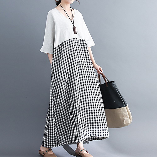 Women's Maxi Sheath Dress - Short Sleeves Plaid Summer Elegant Loose 2020 White Black M L XL XXL
Women's Maxi Sheath Dress - Short Sleeves Plaid Summer Elegant Loose 2020 White Black M L XL XXL