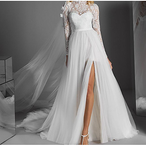 A-Line Wedding Dresses High Neck Sweep / Brush Train Lace Polyester Long Sleeve Country Plus Size with Embroidery Split Front 2021
A-Line Wedding Dresses High Neck Sweep / Brush Train Lace Polyester Long Sleeve Country Plus Size with Embroidery Split Front 2021
