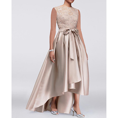 A-Line Mother of the Bride Dress Elegant Jewel Neck Asymmetrical Lace Satin Sleeveless with Lace Sash / Ribbon Bow(s) 2021
A-Line Mother of the Bride Dress Elegant Jewel Neck Asymmetrical Lace Satin Sleeveless with Lace Sash / Ribbon Bow(s) 2021