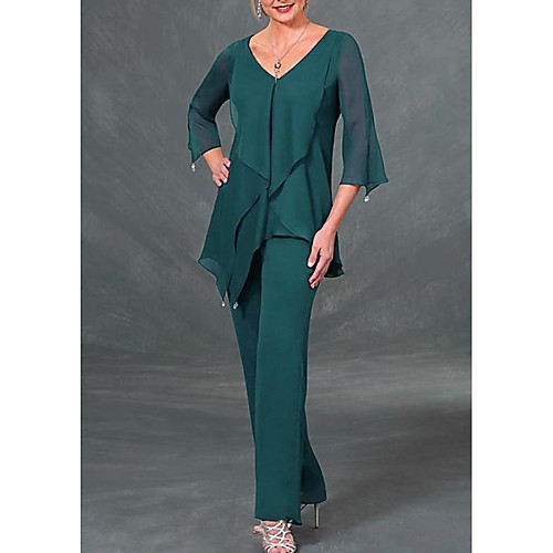 Pantsuit / Jumpsuit Mother of the Bride Dress Elegant V Neck Floor Length Chiffon 3/4 Length Sleeve with Beading Ruffles 2021
Pantsuit / Jumpsuit Mother of the Bride Dress Elegant V Neck Floor Length Chiffon 3/4 Length Sleeve with Beading Ruffles 2021