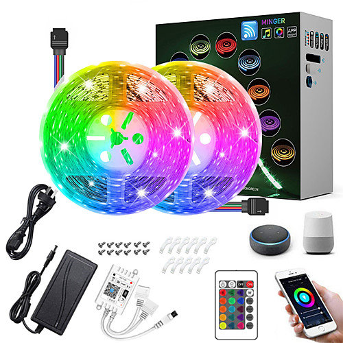 

10M(2x5M) LED Light Strips RGB Tiktok Lights Intelligent Dimming App Control Waterproof Flexible 5050 SMD 300 LEDs IR 24 Key Controller with Installation Package 12V 4A Adapter Kit