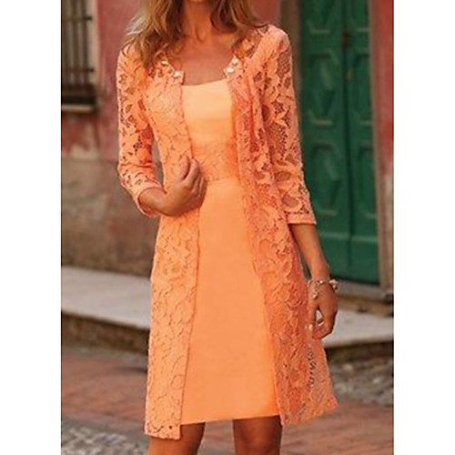 Sheath / Column Mother of the Bride Dress Elegant Scoop Neck Knee Length Lace Satin 3/4 Length Sleeve with Lace 2021
Sheath / Column Mother of the Bride Dress Elegant Scoop Neck Knee Length Lace Satin 3/4 Length Sleeve with Lace 2021