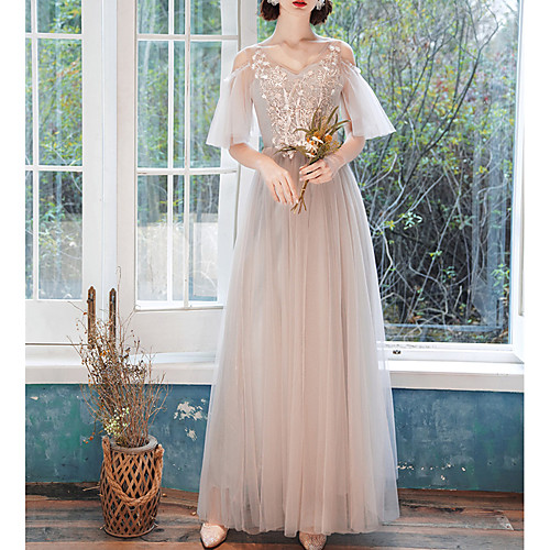 A-Line V Neck Floor Length Tulle Bridesmaid Dress with Appliques / Illusion Sleeve / Open Back
A-Line V Neck Floor Length Tulle Bridesmaid Dress with Appliques / Illusion Sleeve / Open Back