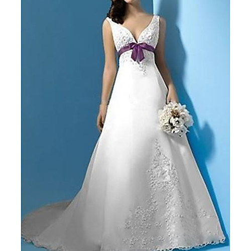 

A-Line Wedding Dresses Plunging Neck Sweep / Brush Train Polyester Sleeveless Country Plus Size with Sashes / Ribbons Lace Insert 2021