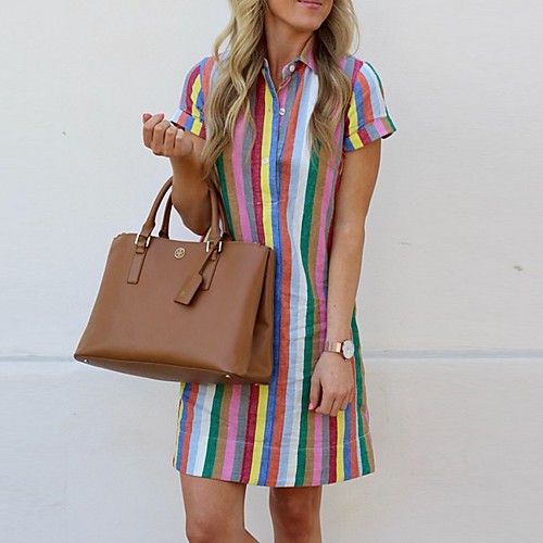 Women's Shift Dress - Short Sleeves Striped Shirt Collar Loose Rainbow S M L XL
Women's Shift Dress - Short Sleeves Striped Shirt Collar Loose Rainbow S M L XL