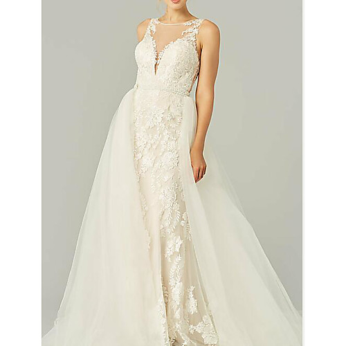 A-Line Wedding Dresses Jewel Neck Sweep / Brush Train Lace Tulle Sleeveless Country See-Through Plus Size with Lace Embroidery 2021
A-Line Wedding Dresses Jewel Neck Sweep / Brush Train Lace Tulle Sleeveless Country See-Through Plus Size with Lace Embroidery 2021
