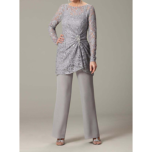 Pantsuit / Jumpsuit Mother of the Bride Dress Elegant Jewel Neck Floor Length Knee Length Chiffon Lace Long Sleeve with Beading Sequin 2021
Pantsuit / Jumpsuit Mother of the Bride Dress Elegant Jewel Neck Floor Length Knee Length Chiffon Lace Long Sleeve with Beading Sequin 2021