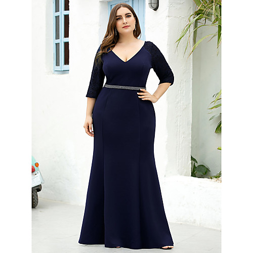 Mermaid / Trumpet Mother of the Bride Dress Plus Size Vintage Plunging Neck Floor Length Lace Polyester 3/4 Length Sleeve with Sash / Ribbon 2021
Mermaid / Trumpet Mother of the Bride Dress Plus Size Vintage Plunging Neck Floor Length Lace Polyester 3/4 Length Sleeve with Sash / Ribbon 2021