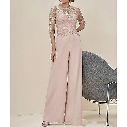 Pantsuit / Jumpsuit Mother of the Bride Dress See Through Illusion Neck Floor Length Chiffon Half Sleeve with Lace 2021
Pantsuit / Jumpsuit Mother of the Bride Dress See Through Illusion Neck Floor Length Chiffon Half Sleeve with Lace 2021
