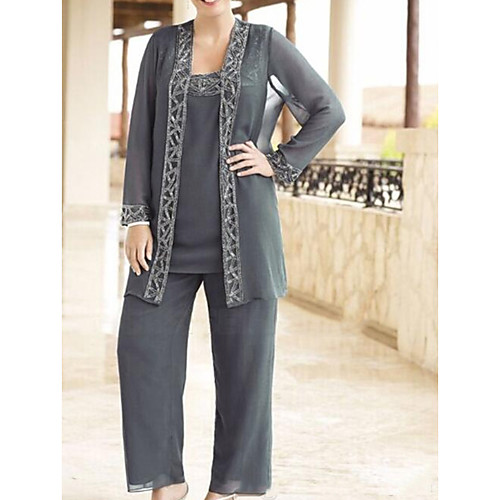 Pantsuit / Jumpsuit Mother of the Bride Dress Elegant Jewel Neck Floor Length Chiffon Long Sleeve with Appliques 2021
Pantsuit / Jumpsuit Mother of the Bride Dress Elegant Jewel Neck Floor Length Chiffon Long Sleeve with Appliques 2021